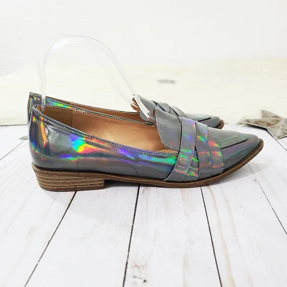 SOLD JustFab Raia holographic loafers rainbow silver 7 - Picture 3 of 8